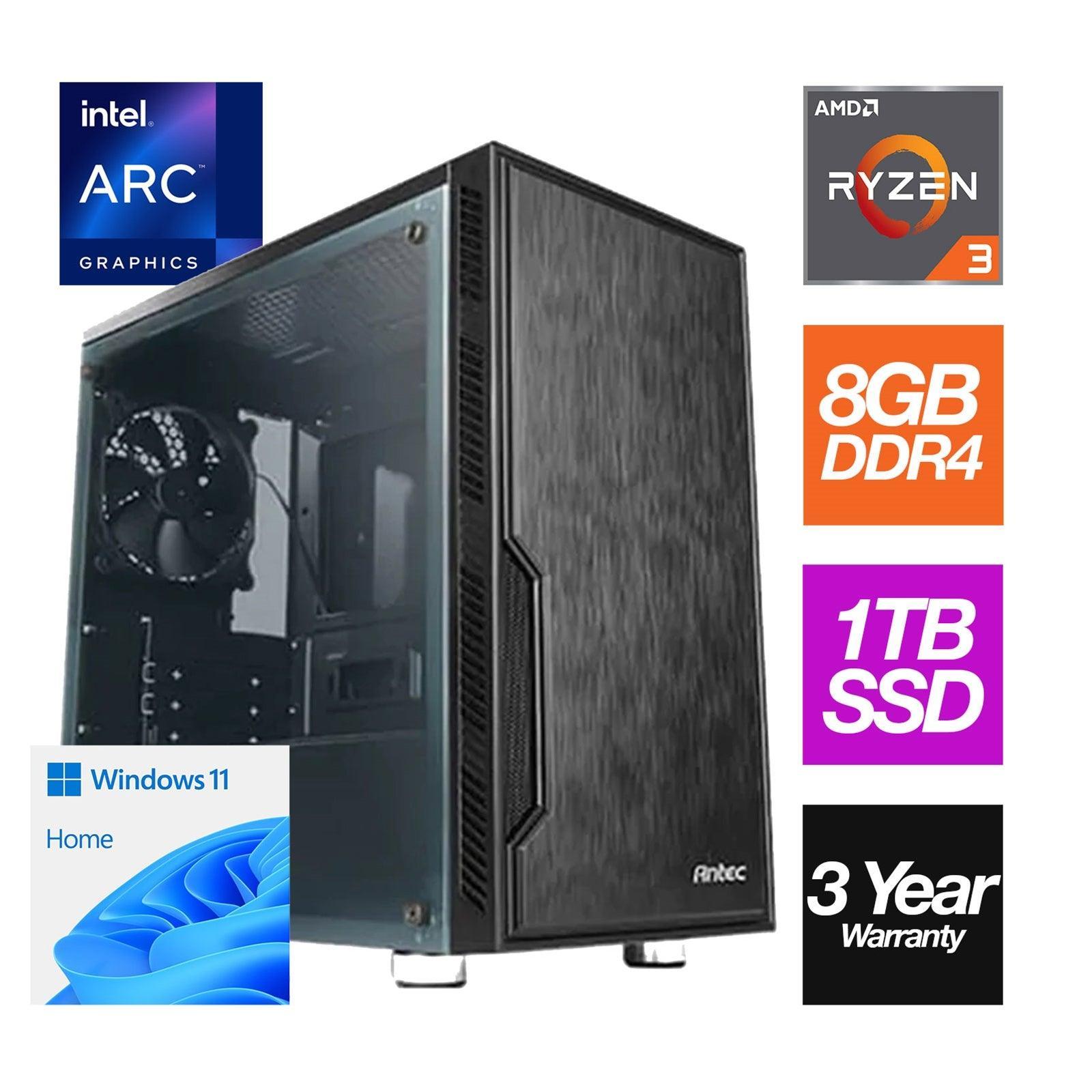 AMD Ryzen 3 4100 4 Core Processor, 8 Threads, 3.8Ghz (4.0GHz Boost) CPU, 8GB DDR4 RAM, 1TB SSD, Intel Arc A380 6GB Graphics, Windows 11 Home, Antec VSK Chassis with Window Side - Pre-Built PC-PCR Business Solutions Ltd